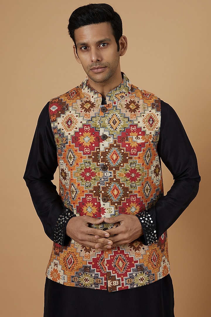 Multi-Colored Linen Printed Waistcoat by Linen Bloom Men