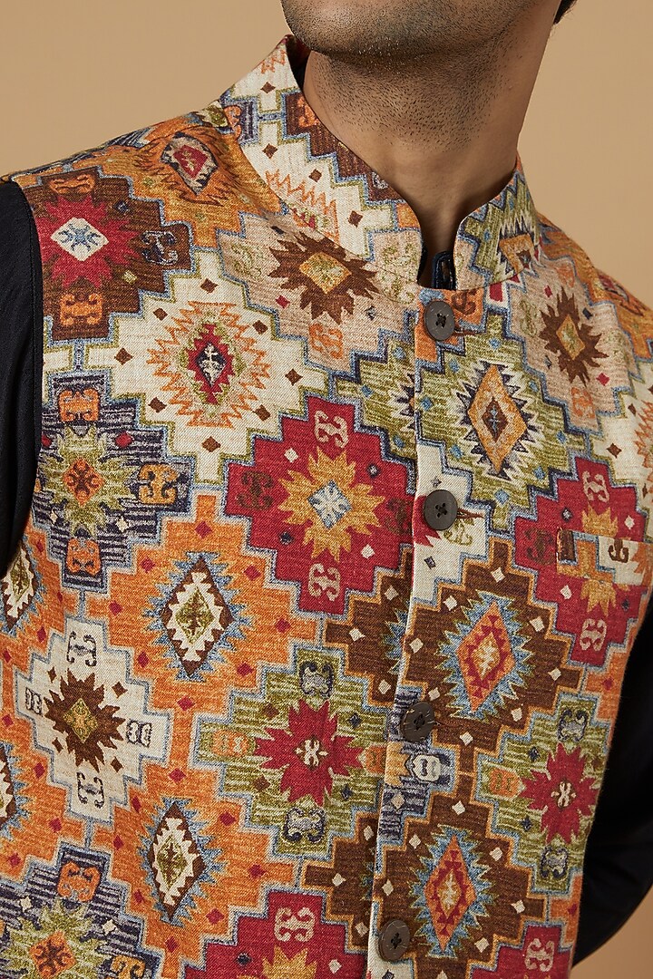 Multi-Colored Linen Printed Waistcoat by Linen Bloom Men at Pernia's Pop Up Shop