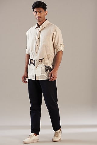 Beige Pure Linen Embroidered Shirt by Linen Bloom Men