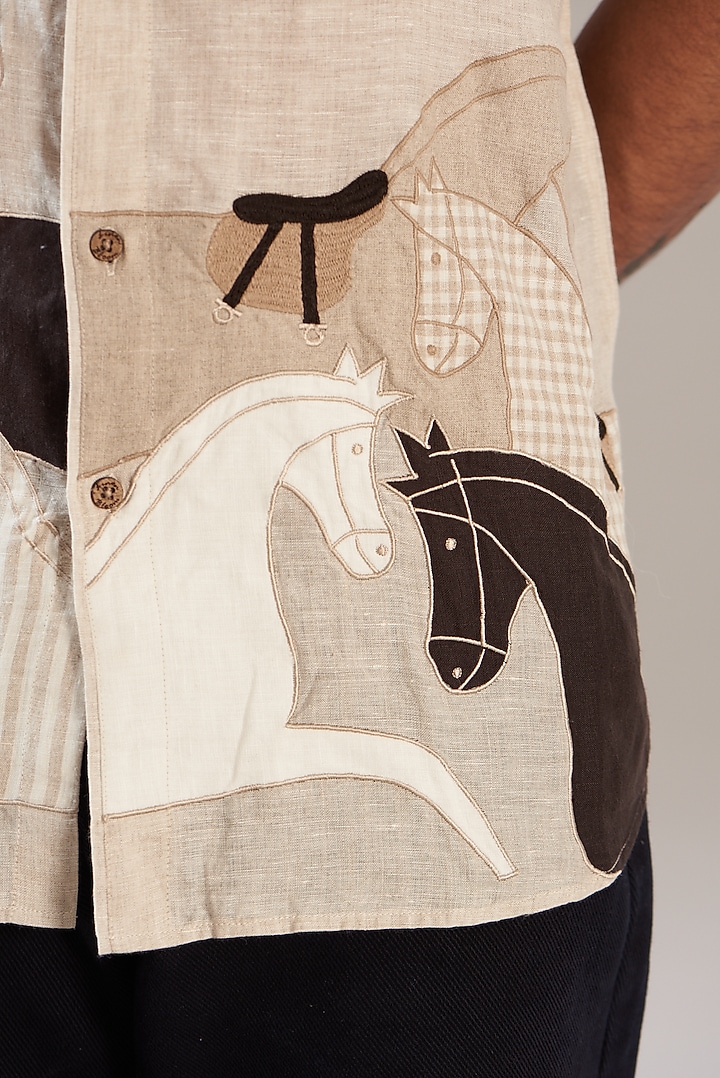 Beige Pure Linen Embroidered Party Wear Shirt by Linen Bloom Men at Pernia's Pop Up Shop
