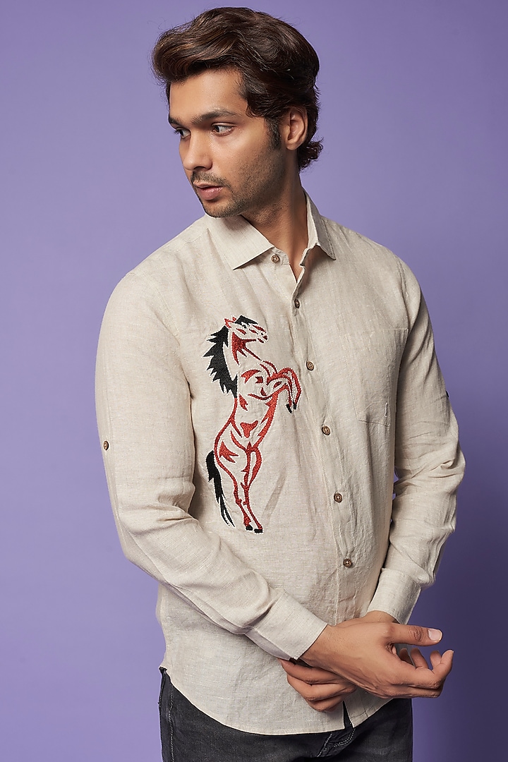 Beige Pure Linen Embroidered Shirt by Linen Bloom Men