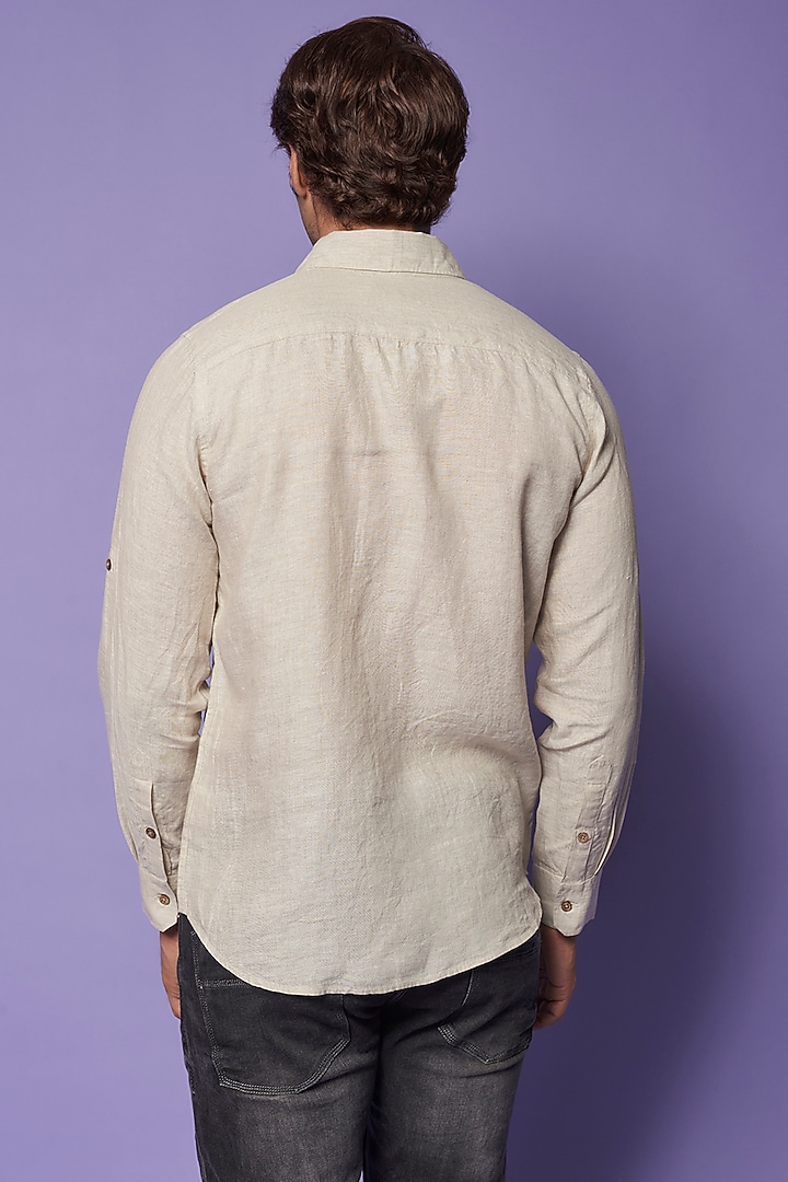 Beige Pure Linen Embroidered Party Wear Shirt by Linen Bloom Men at Pernia's Pop Up Shop