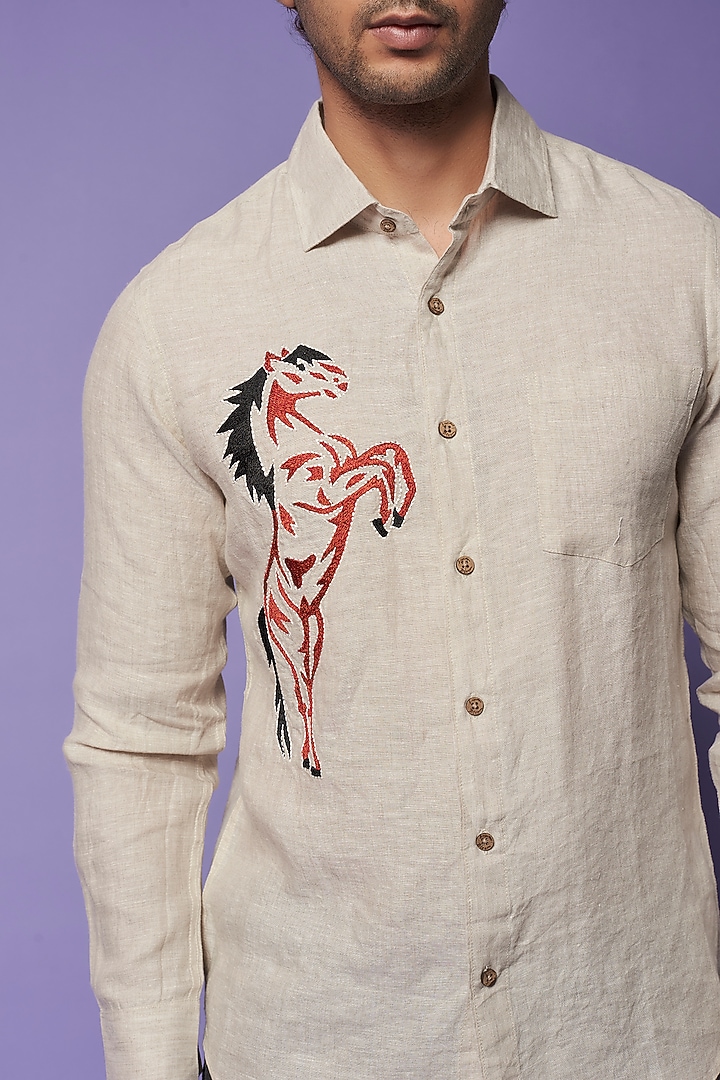 Beige Pure Linen Embroidered Party Wear Shirt by Linen Bloom Men at Pernia's Pop Up Shop