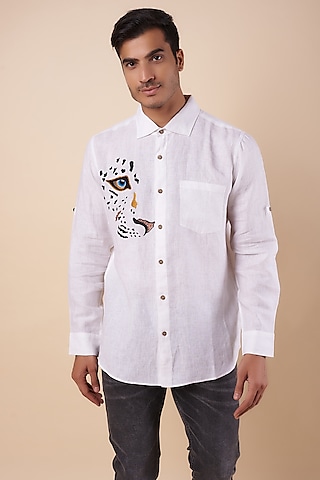 White Pure Linen Embroidered Shirt by Linen Bloom Men
