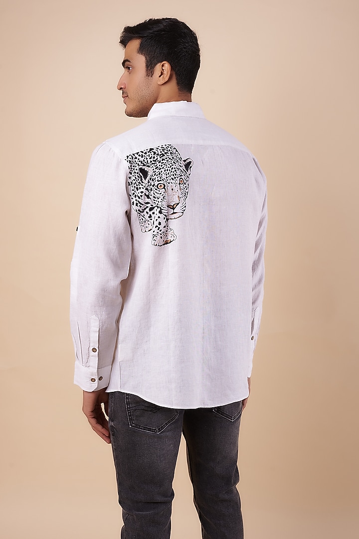 White Pure Linen Embroidered Party Wear Shirt by Linen Bloom Men at Pernia's Pop Up Shop