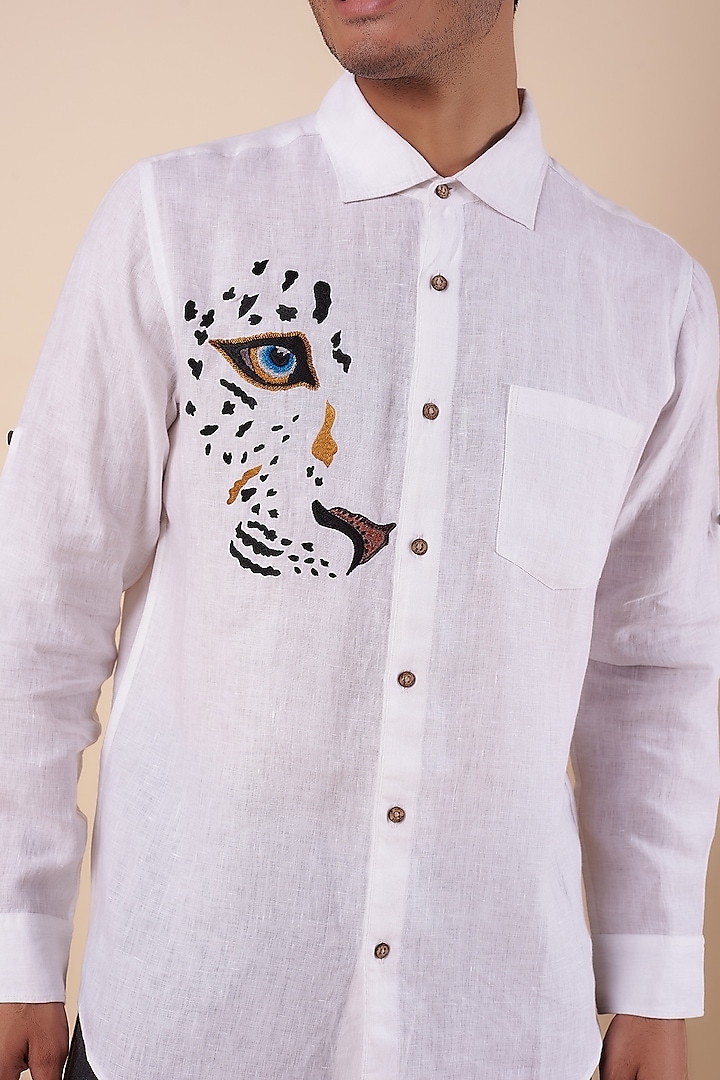 White Pure Linen Embroidered Party Wear Shirt by Linen Bloom Men at Pernia's Pop Up Shop