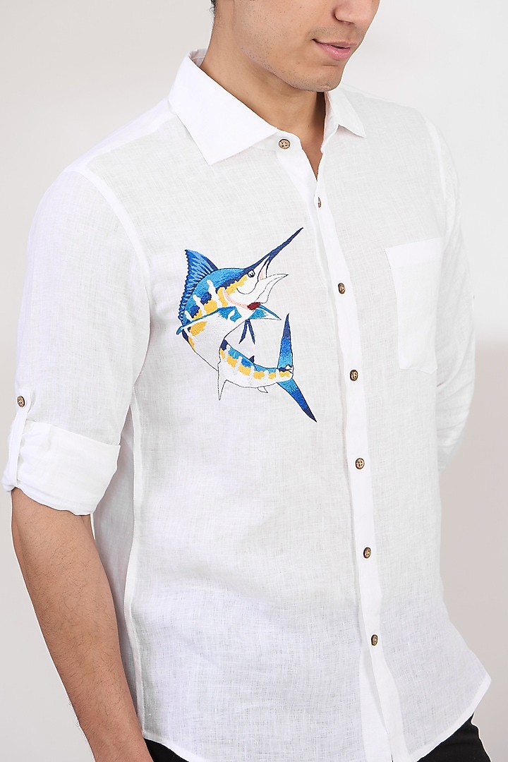 White Pure Linen Embroidered Party Wear Shirt by Linen Bloom Men at Pernia's Pop Up Shop