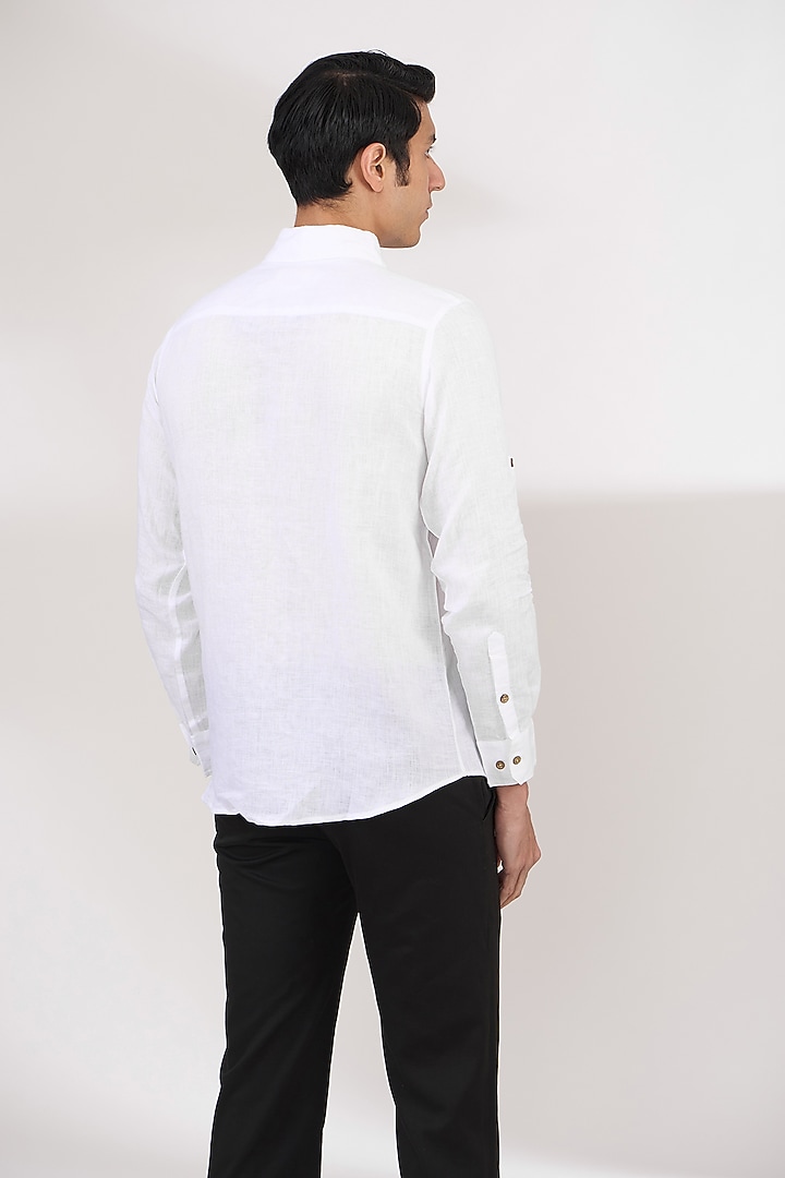 White Pure Linen Embroidered Party Wear Shirt by Linen Bloom Men at Pernia's Pop Up Shop