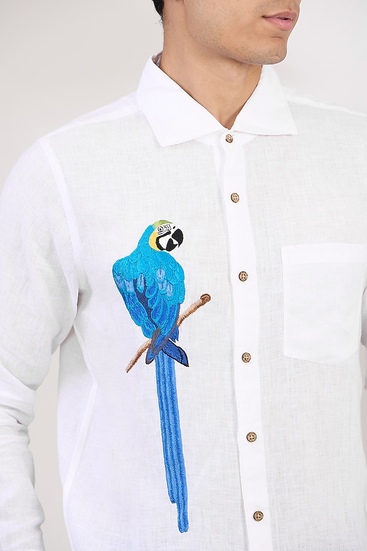 White Pure Linen Embroidered Party Wear Shirt by Linen Bloom Men at Pernia's Pop Up Shop