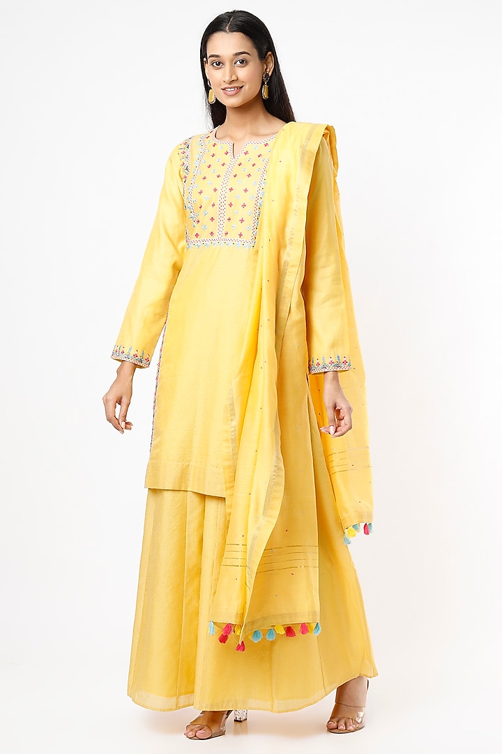 Yellow Chanderi Sharara Set by Luvya by Neetu
