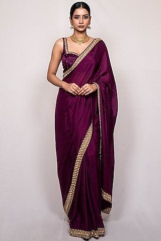 Purple Wine Hand Embroidered Saree Set by Luvya by Neetu