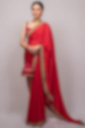 Red Hand Embroidered Saree Set by Luvya by Neetu
