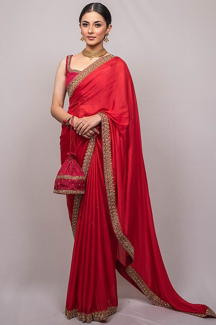 Red Hand Embroidered Saree Set by Luvya by Neetu