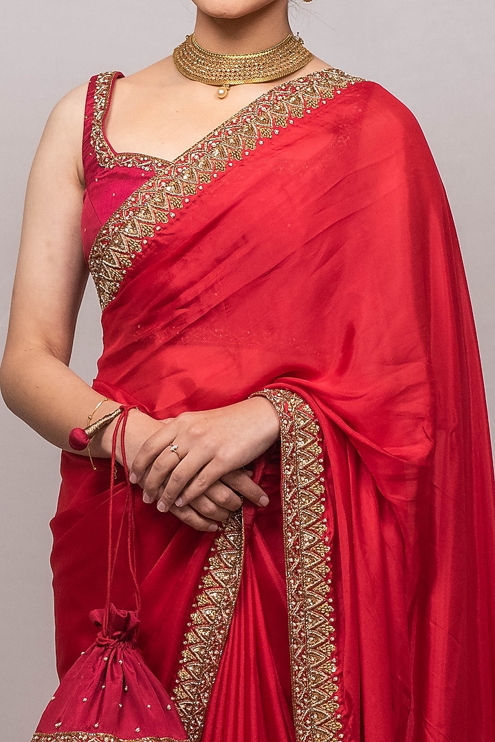 Red Hand Embroidered Wedding Saree Set by Luvya by Neetu at Pernia's Pop Up Shop