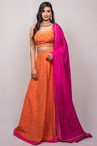 Orange Hand Embroidered Lehenga Set by Luvya by Neetu