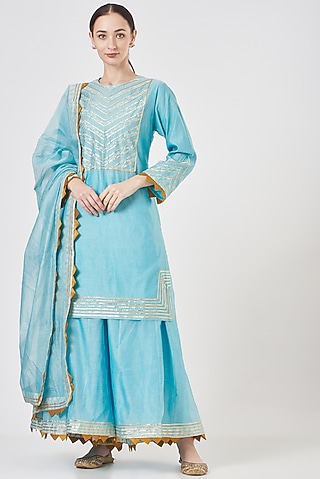 Blue Pure Chanderi Sharara Set by Luvya by Neetu