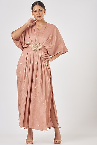 Peach Banarasi Georgette Abaya Dress by Luvya by Neetu