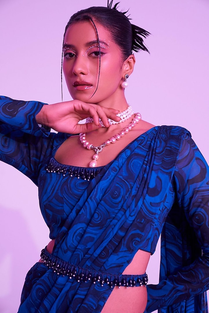Blue & Black Georgette Printed Draped Party Wear Saree Set by Label PS'B at Pernia's Pop Up Shop