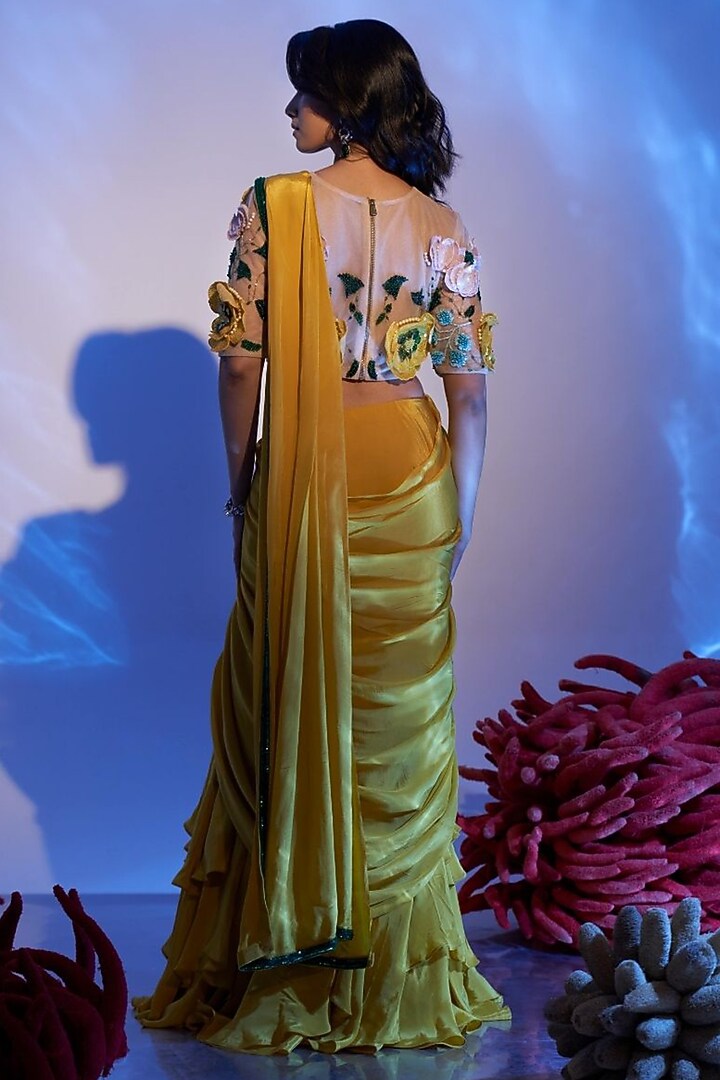 Yellow Natural Crepe Draped Wedding Saree Set by Label PS'B at Pernia's Pop Up Shop
