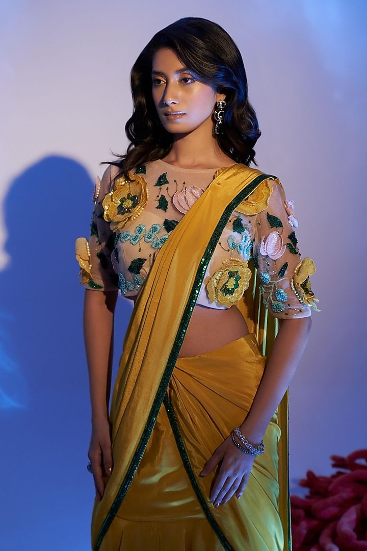 Yellow Natural Crepe Draped Wedding Saree Set by Label PS'B at Pernia's Pop Up Shop