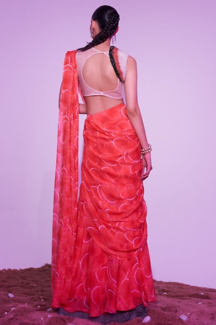 Tangerine Georgette Printed Draped Party Wear Saree Set by Label PS'B at Pernia's Pop Up Shop