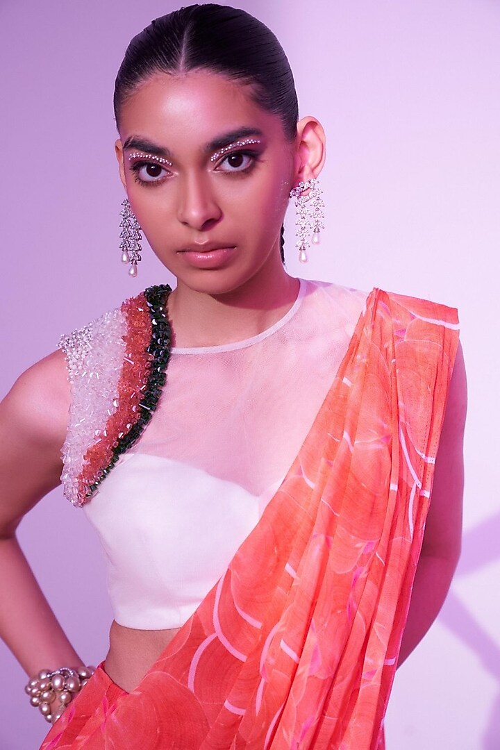 Tangerine Georgette Printed Draped Party Wear Saree Set by Label PS'B at Pernia's Pop Up Shop
