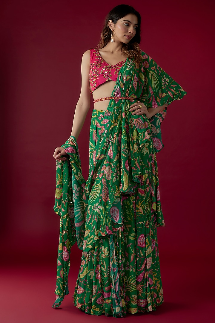 Pine Green Georgette Printed Ruffled Saree Set by Label PS'B