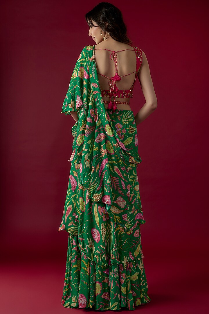 Pine Green Georgette Printed Ruffled Wedding Saree Set by Label PS'B at Pernia's Pop Up Shop
