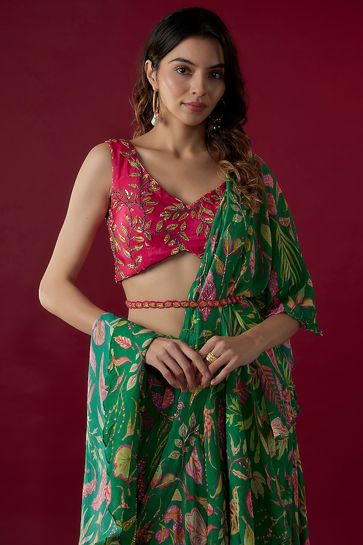 Pine Green Georgette Printed Ruffled Wedding Saree Set by Label PS'B at Pernia's Pop Up Shop