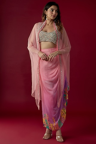 Pink Crepe Silk Ombre Printed Draped Skirt Set by Label PS'B