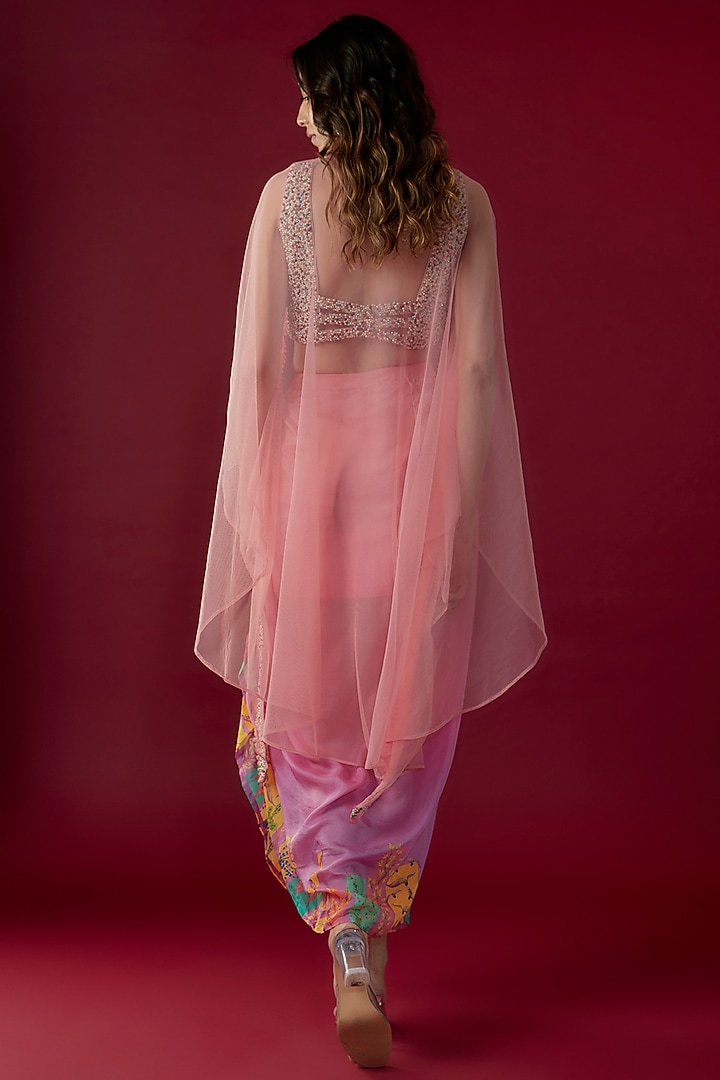 Pink Crepe Silk Ombre Printed Draped Skirt Set by Label PS'B at Pernia's Pop Up Shop