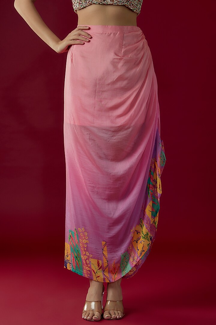 Pink Crepe Silk Ombre Printed Draped Skirt Set by Label PS'B at Pernia's Pop Up Shop