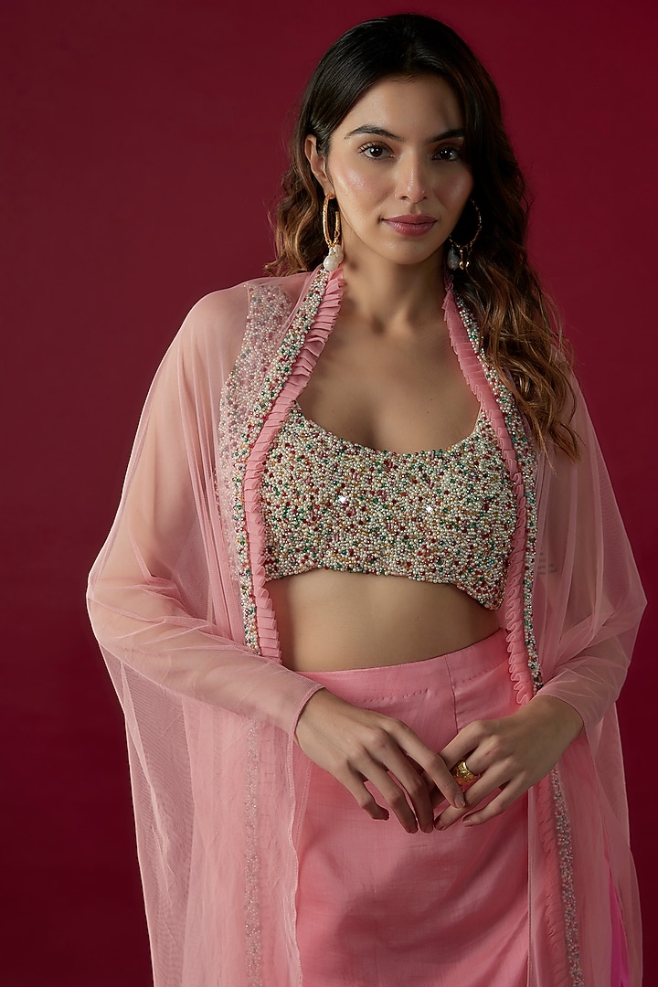 Pink Crepe Silk Ombre Printed Draped Skirt Set by Label PS'B at Pernia's Pop Up Shop