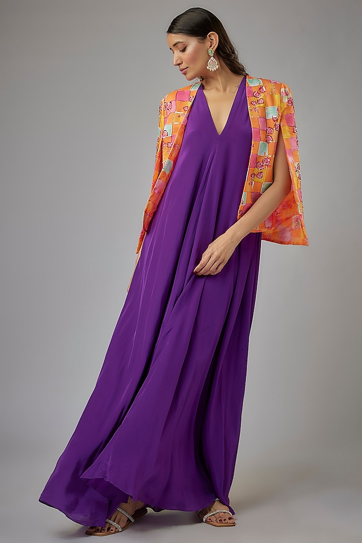 Purple Crepe Silk Gown With Jacket by Label PS'B