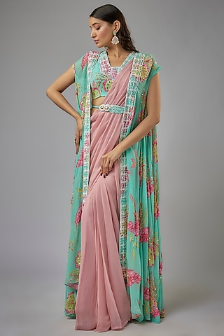 Pastel Pink Georgette Draped Jacket Saree Set by Label PS'B
