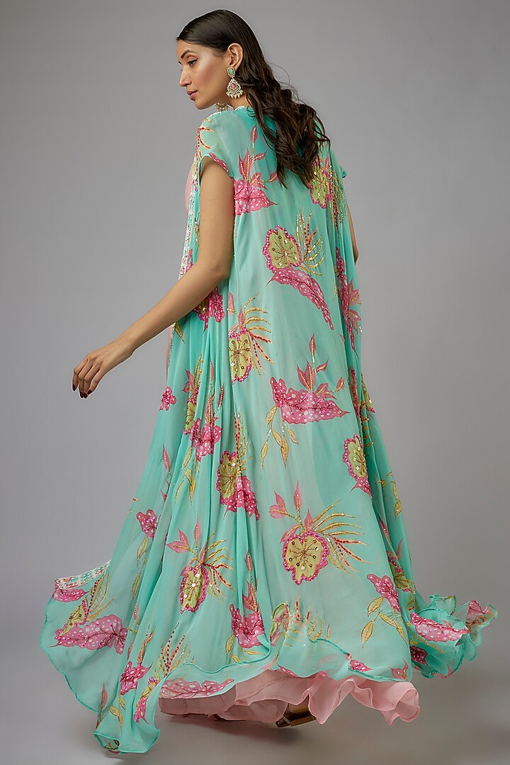 Pastel Pink Georgette Draped Jacket Wedding Saree Set by Label PS'B at Pernia's Pop Up Shop