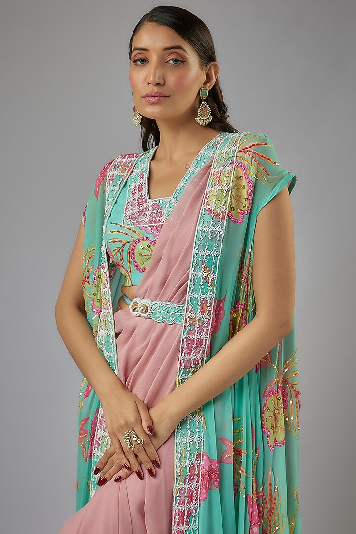 Pastel Pink Georgette Draped Jacket Wedding Saree Set by Label PS'B at Pernia's Pop Up Shop