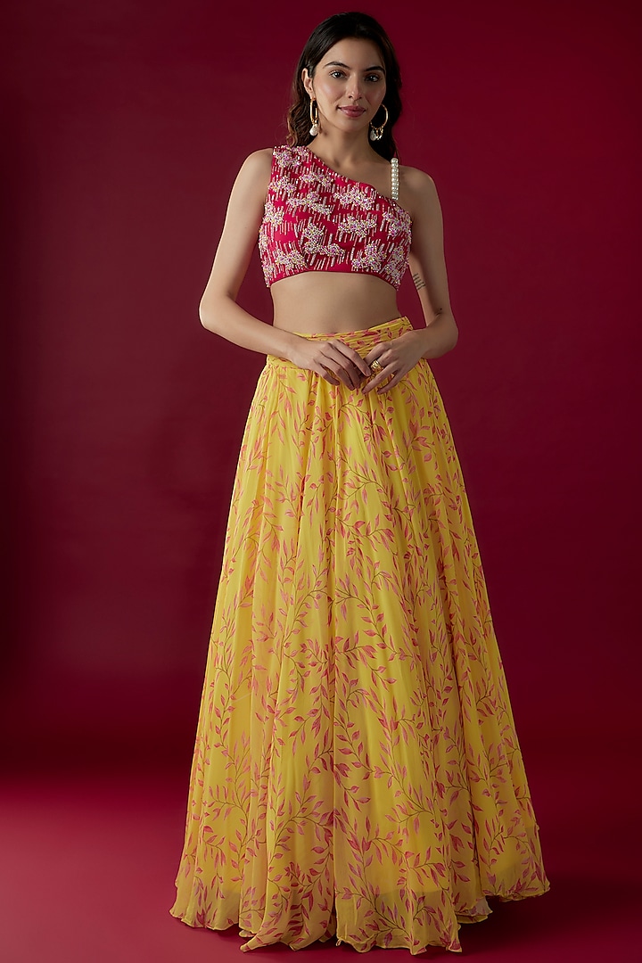 Yellow Georgette Printed Skirt Set by Label PS'B
