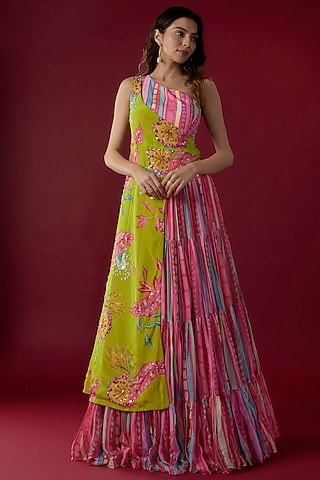 Pink Crepe Digital Printed Skirt Set by Label PS'B