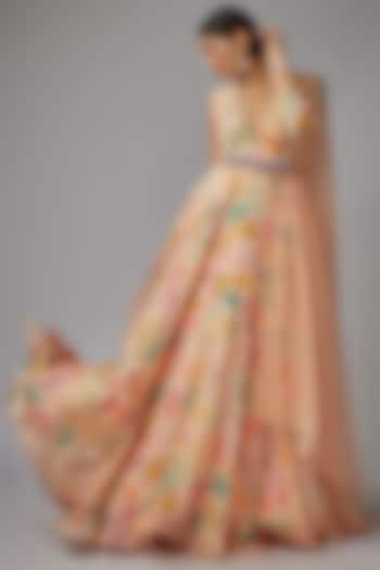 Light Peach Pure Chinon Printed & Embellished Anarkali Set by Label PS'B