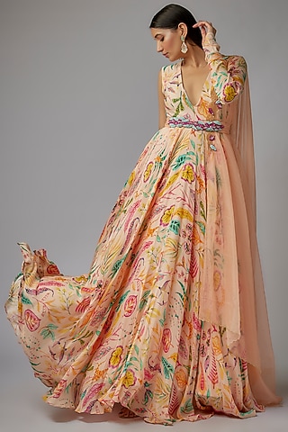 Light Peach Pure Chinon Printed & Embellished Anarkali Set by Label PS'B