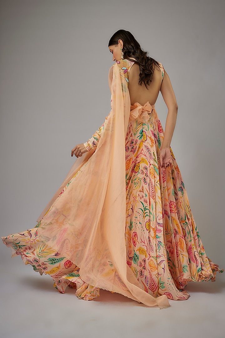 Light Peach Pure Chinon Printed & Embellished Party Wear Anarkali Set by Label PS'B at Pernia's Pop Up Shop