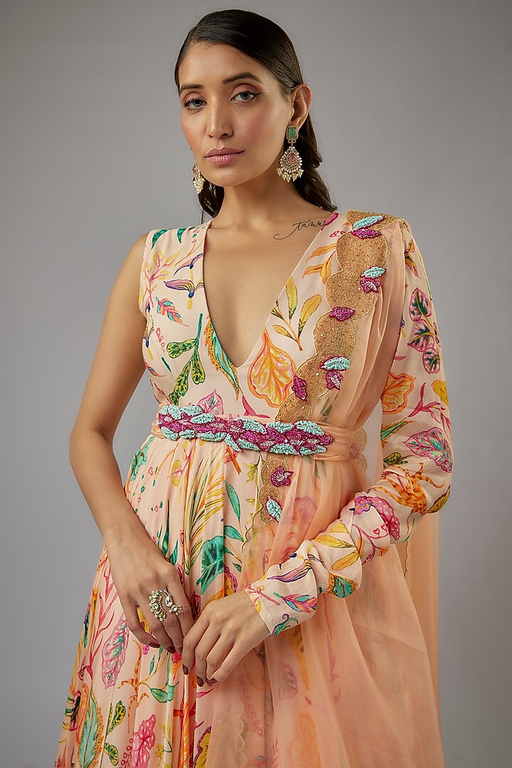 Light Peach Pure Chinon Printed & Embellished Party Wear Anarkali Set by Label PS'B at Pernia's Pop Up Shop