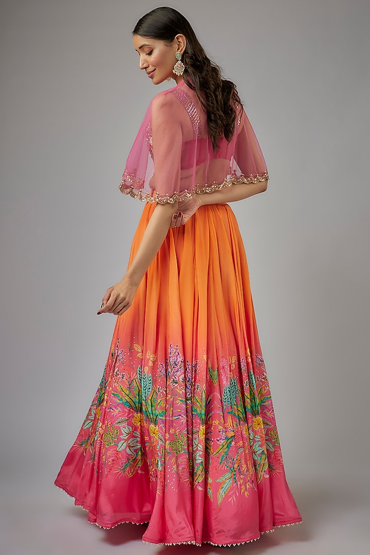 Pink & Orange Ombre Crepe Silk Leaf Printed Wedding Lehenga Set by Label PS'B at Pernia's Pop Up Shop