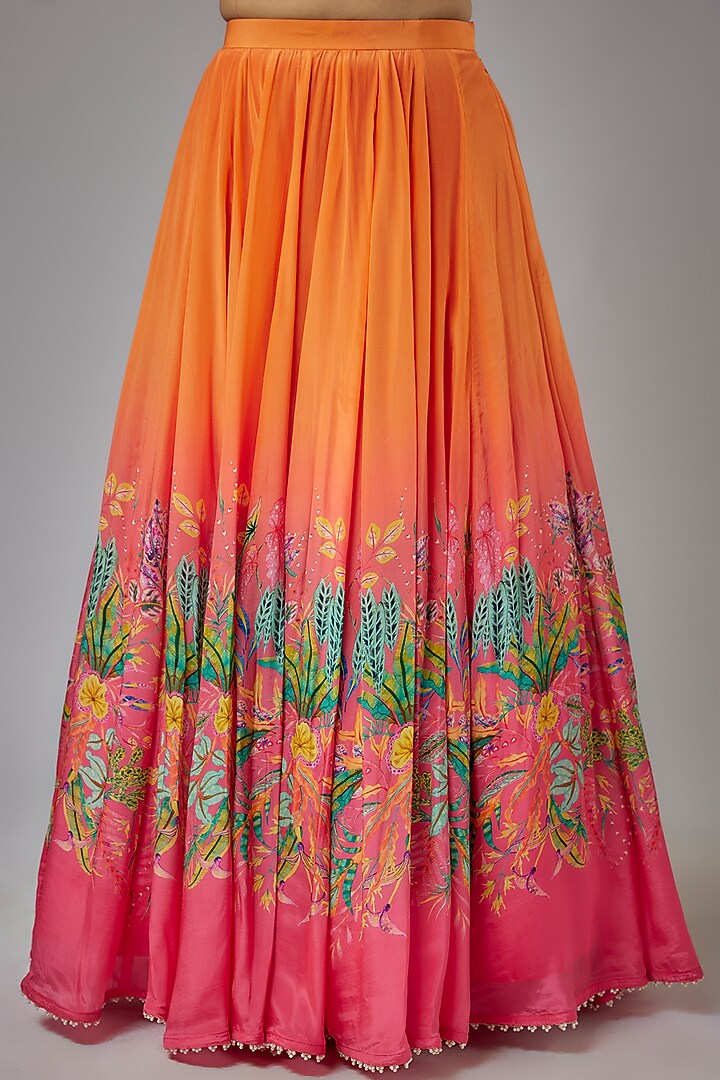 Pink & Orange Ombre Crepe Silk Leaf Printed Wedding Lehenga Set by Label PS'B at Pernia's Pop Up Shop