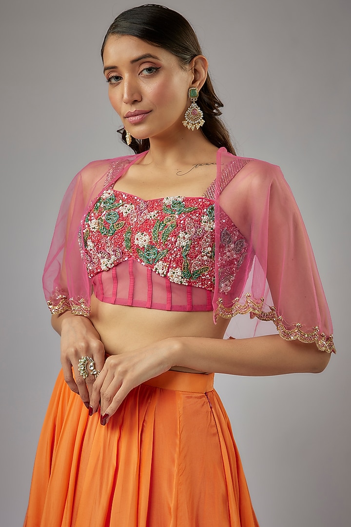 Pink & Orange Ombre Crepe Silk Leaf Printed Wedding Lehenga Set by Label PS'B at Pernia's Pop Up Shop