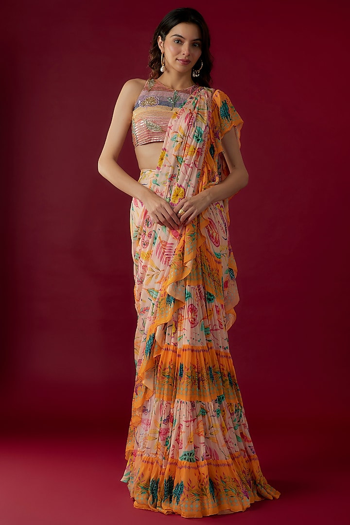 Multi-Colored Chinon Floral Printed Draped Saree Set by Label PS'B