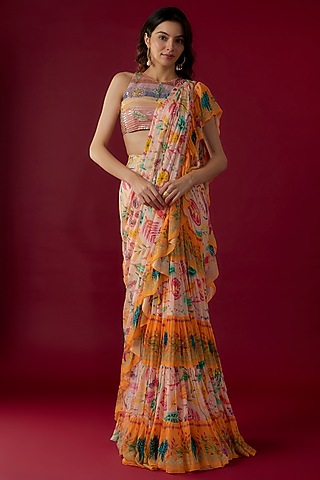 Multi-Colored Chinon Floral Printed Draped Saree Set by Label PS'B