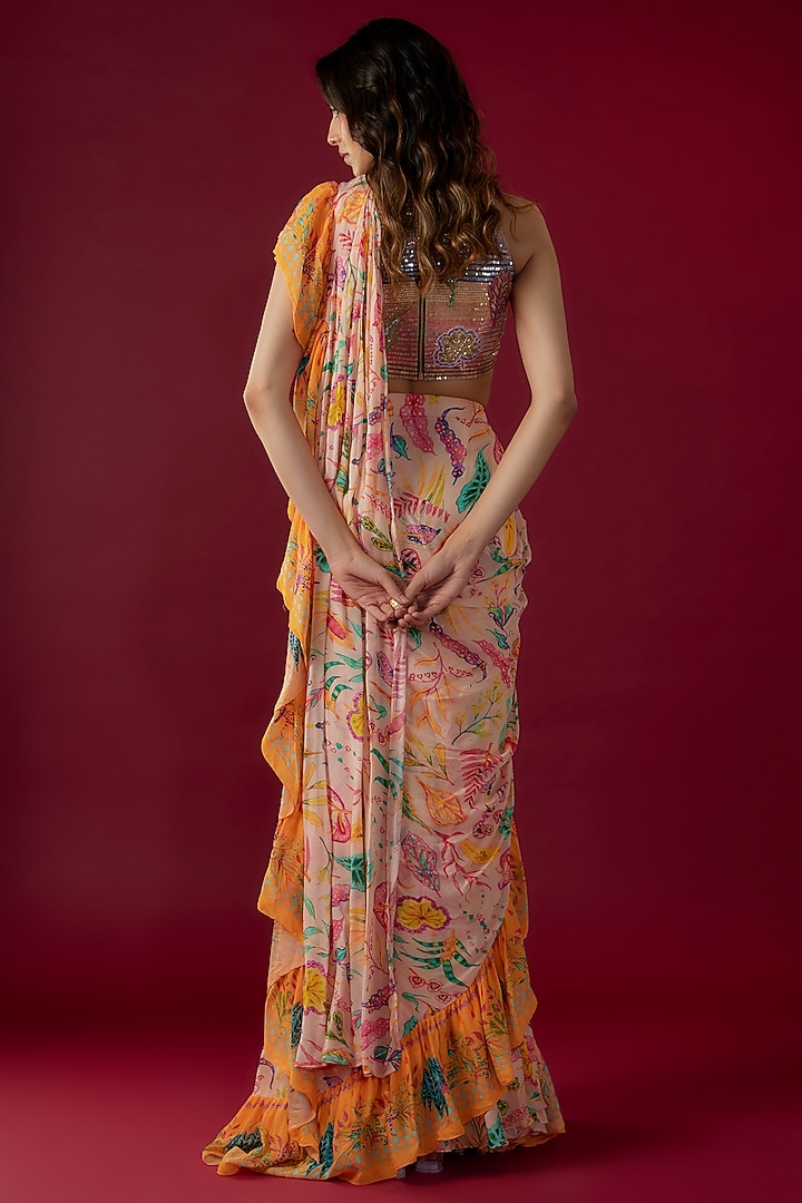 Multi-Colored Chinon Floral Printed Draped Wedding Saree Set by Label PS'B at Pernia's Pop Up Shop