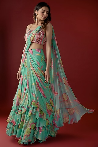 Light Blue Georgette Floral Printed Ruffled Saree Set by Label PS'B